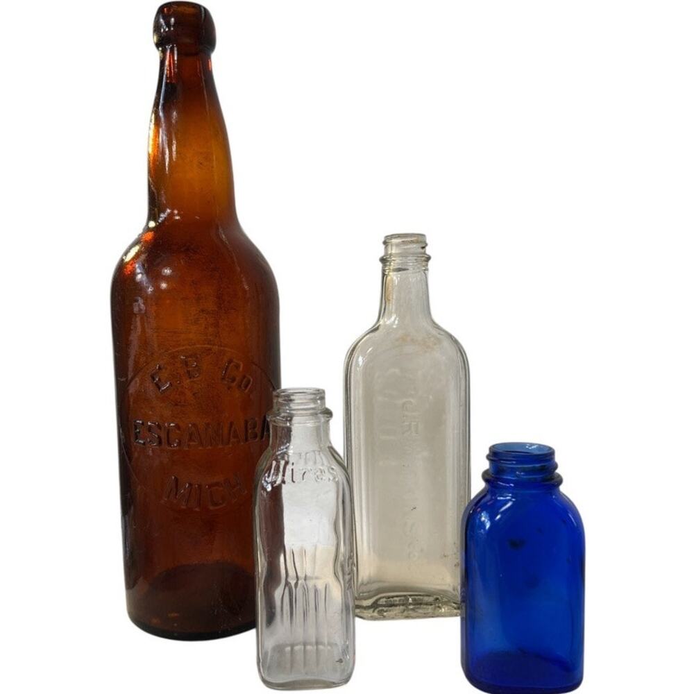 Vintage Glass Bottle Lot 4 Brown Clear Blue Apothecary Scientist Decor Alchemist